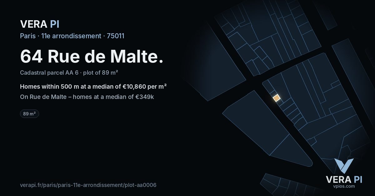 64 Rue de Malte, 11e arrondissement at night – the plot lit, the parcels around coloured by the prices near them