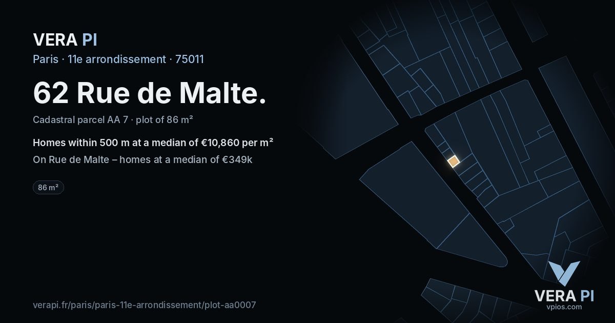 62 Rue de Malte, 11e arrondissement at night – the plot lit, the parcels around coloured by the prices near them
