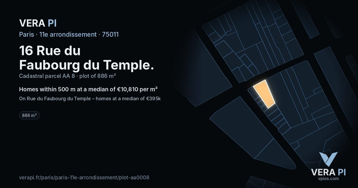 16 Rue du Faubourg du Temple, 11e arrondissement at night – the plot lit, the parcels around coloured by the prices near them