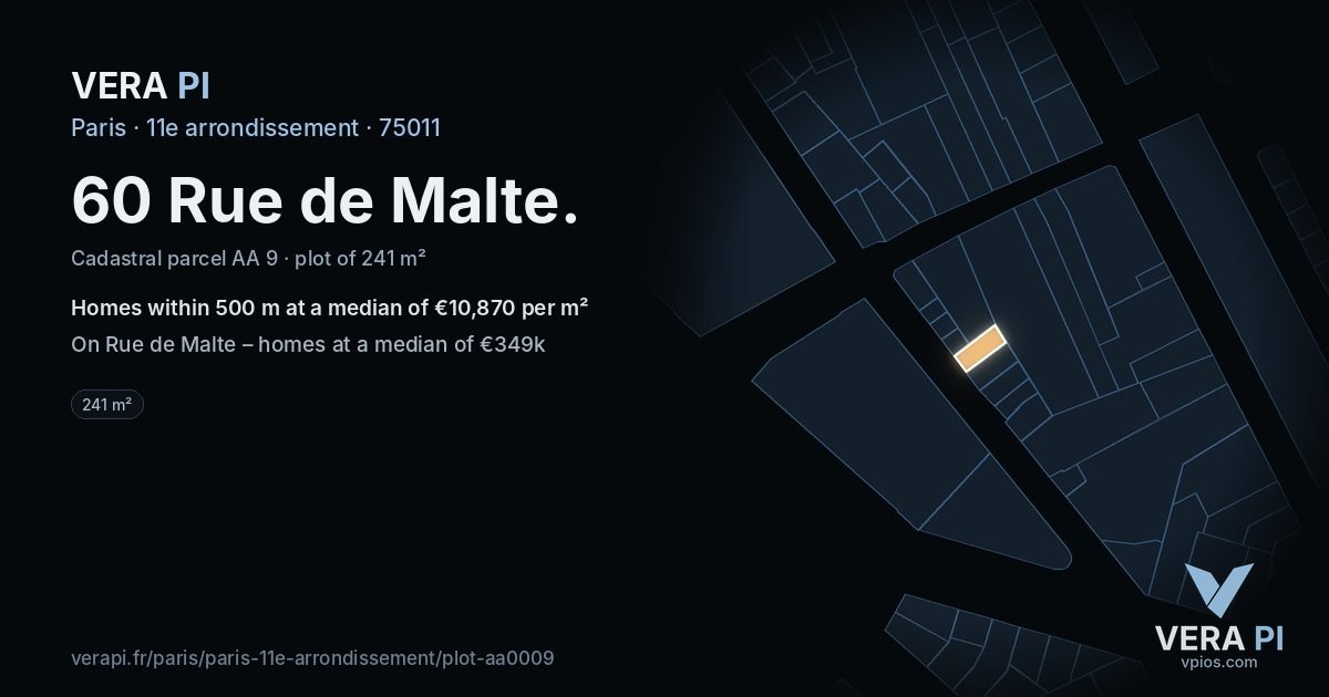 60 Rue de Malte, 11e arrondissement at night – the plot lit, the parcels around coloured by the prices near them