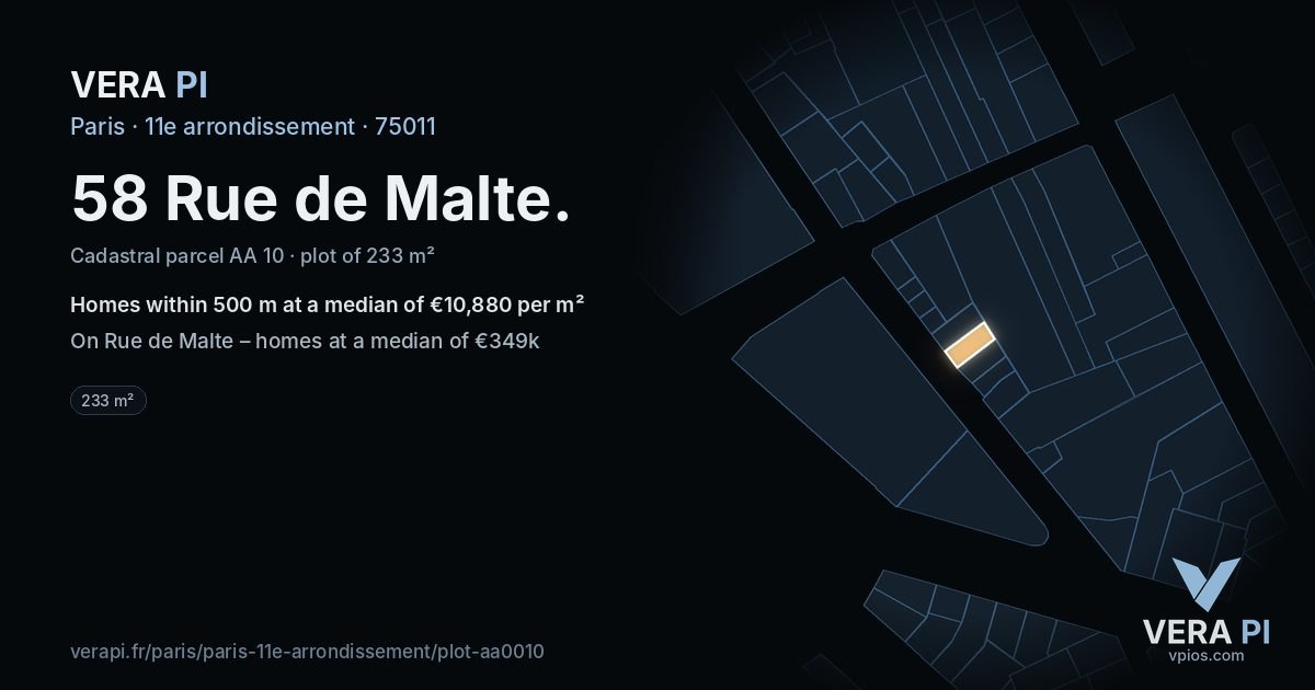 58 Rue de Malte, 11e arrondissement at night – the plot lit, the parcels around coloured by the prices near them
