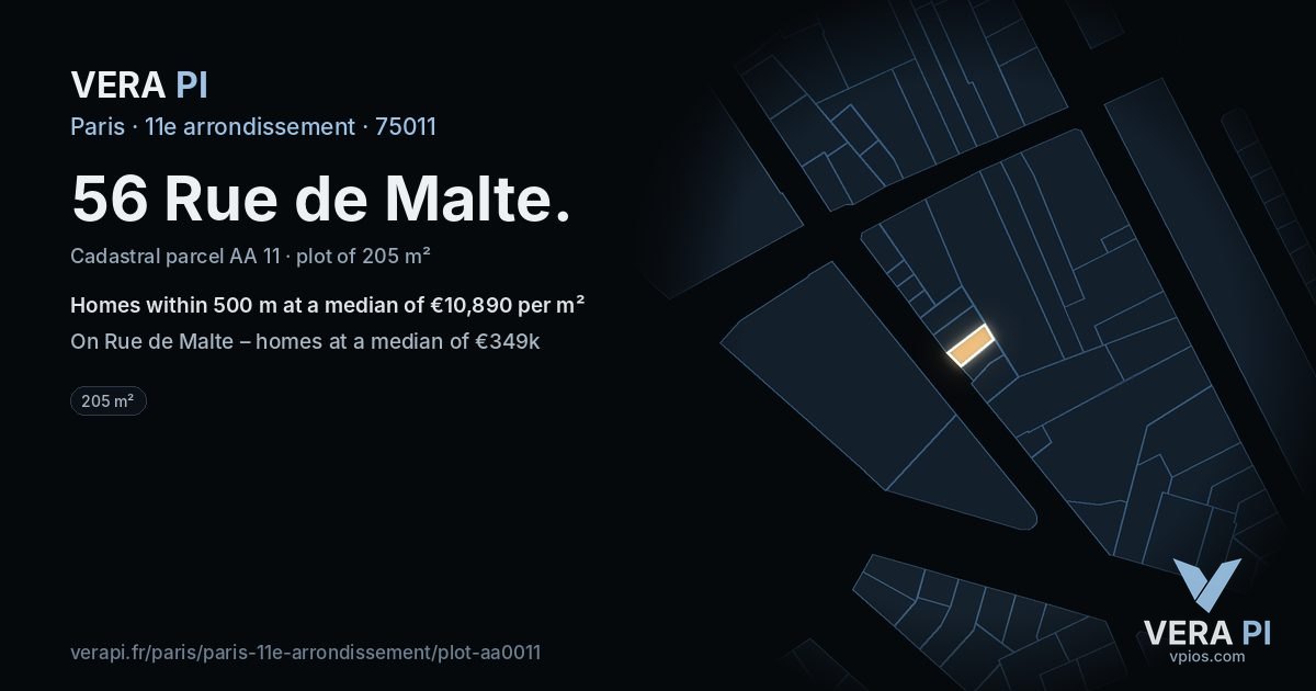 56 Rue de Malte, 11e arrondissement at night – the plot lit, the parcels around coloured by the prices near them