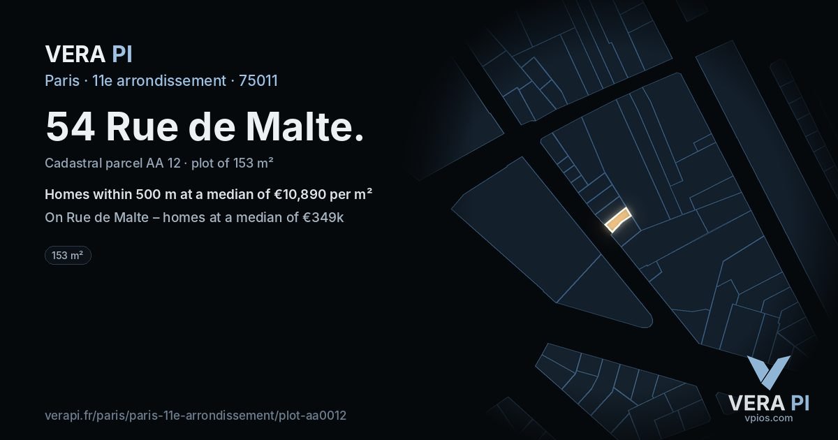 54 Rue de Malte, 11e arrondissement at night – the plot lit, the parcels around coloured by the prices near them