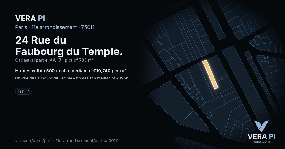 24 Rue du Faubourg du Temple, 11e arrondissement at night – the plot lit, the parcels around coloured by the prices near them