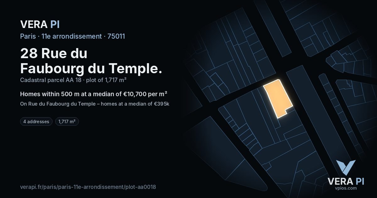 28 Rue du Faubourg du Temple, 11e arrondissement at night – the plot lit, the parcels around coloured by the prices near them