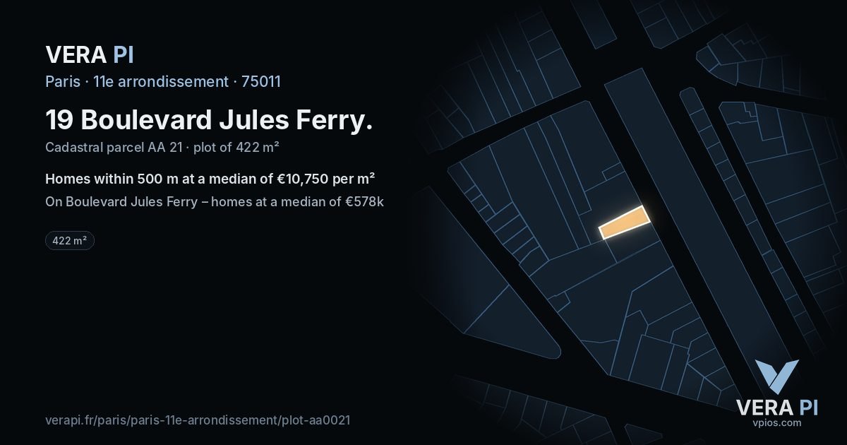 19 Boulevard Jules Ferry, 11e arrondissement at night – the plot lit, the parcels around coloured by the prices near them