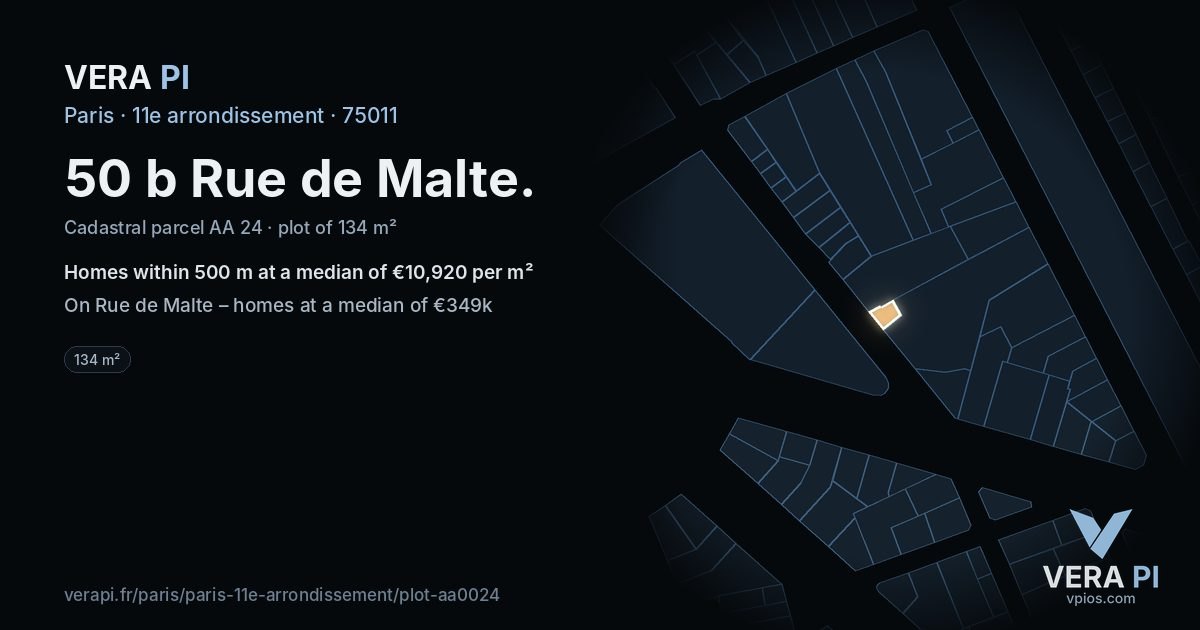 50 b Rue de Malte, 11e arrondissement at night – the plot lit, the parcels around coloured by the prices near them