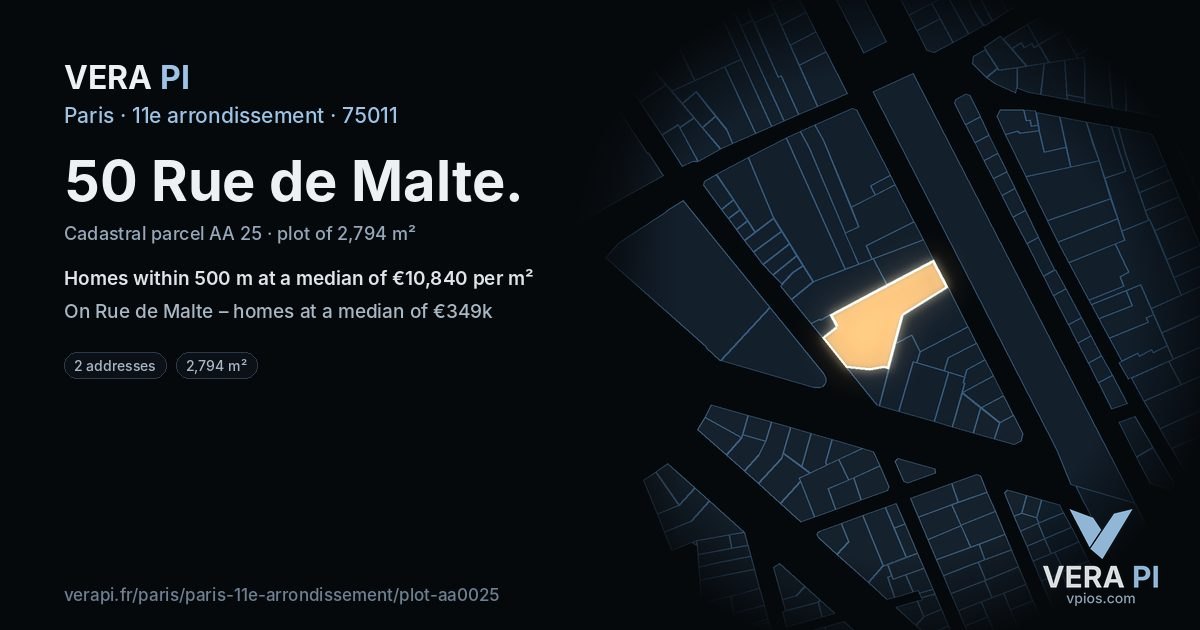 50 Rue de Malte, 11e arrondissement at night – the plot lit, the parcels around coloured by the prices near them
