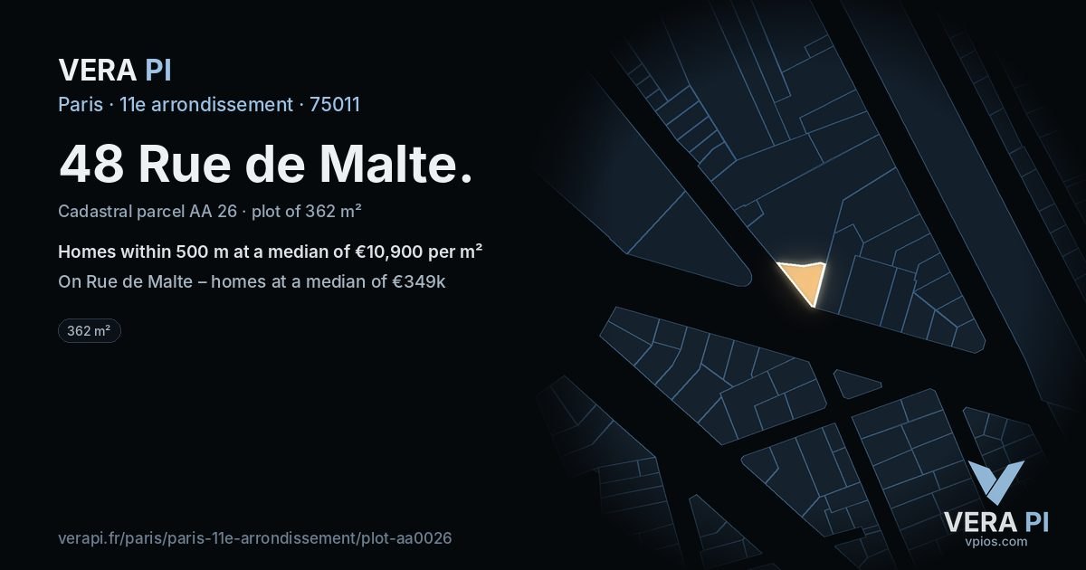 48 Rue de Malte, 11e arrondissement at night – the plot lit, the parcels around coloured by the prices near them