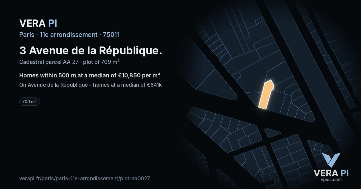 3 Avenue de la République, 11e arrondissement at night – the plot lit, the parcels around coloured by the prices near them