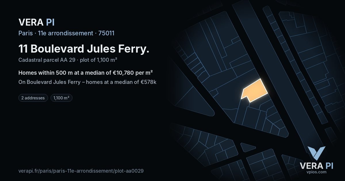 11 Boulevard Jules Ferry, 11e arrondissement at night – the plot lit, the parcels around coloured by the prices near them