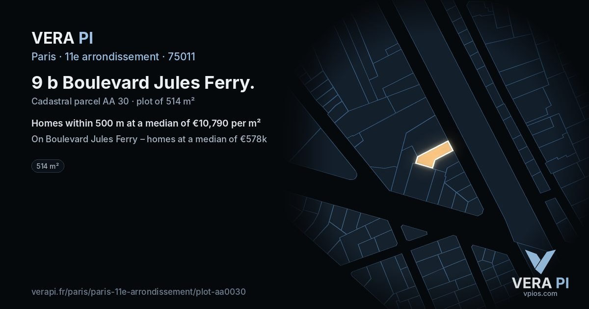 9 b Boulevard Jules Ferry, 11e arrondissement at night – the plot lit, the parcels around coloured by the prices near them