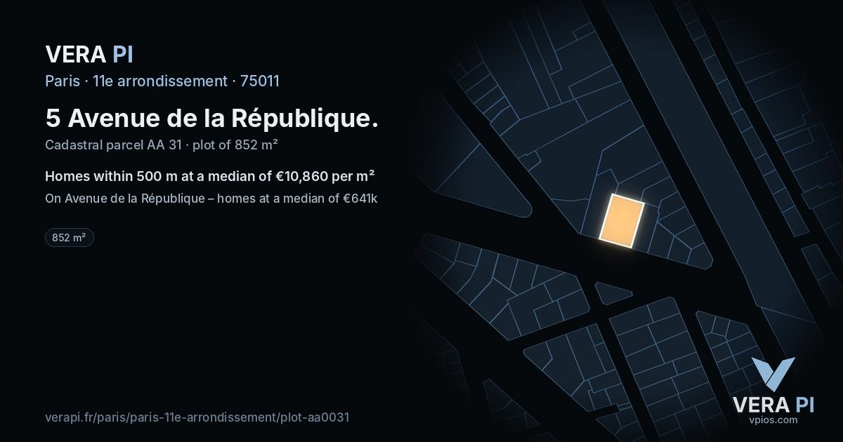 5 Avenue de la République, 11e arrondissement at night – the plot lit, the parcels around coloured by the prices near them