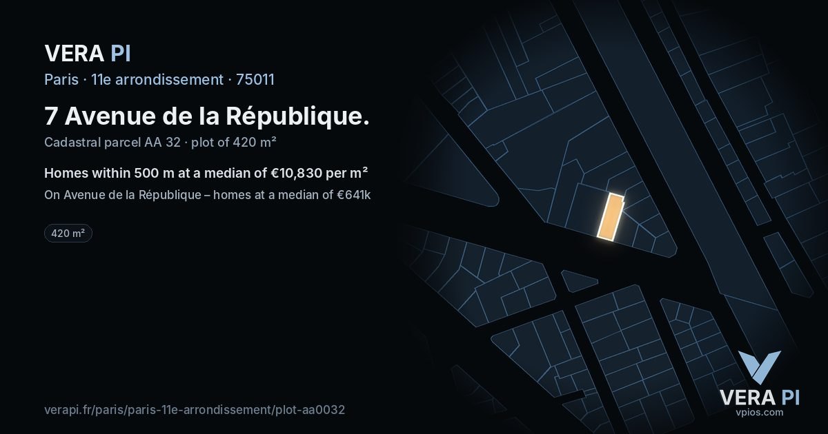 7 Avenue de la République, 11e arrondissement at night – the plot lit, the parcels around coloured by the prices near them