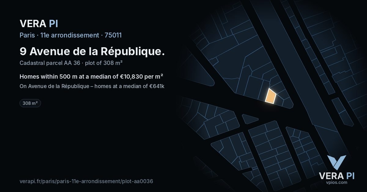 9 Avenue de la République, 11e arrondissement at night – the plot lit, the parcels around coloured by the prices near them