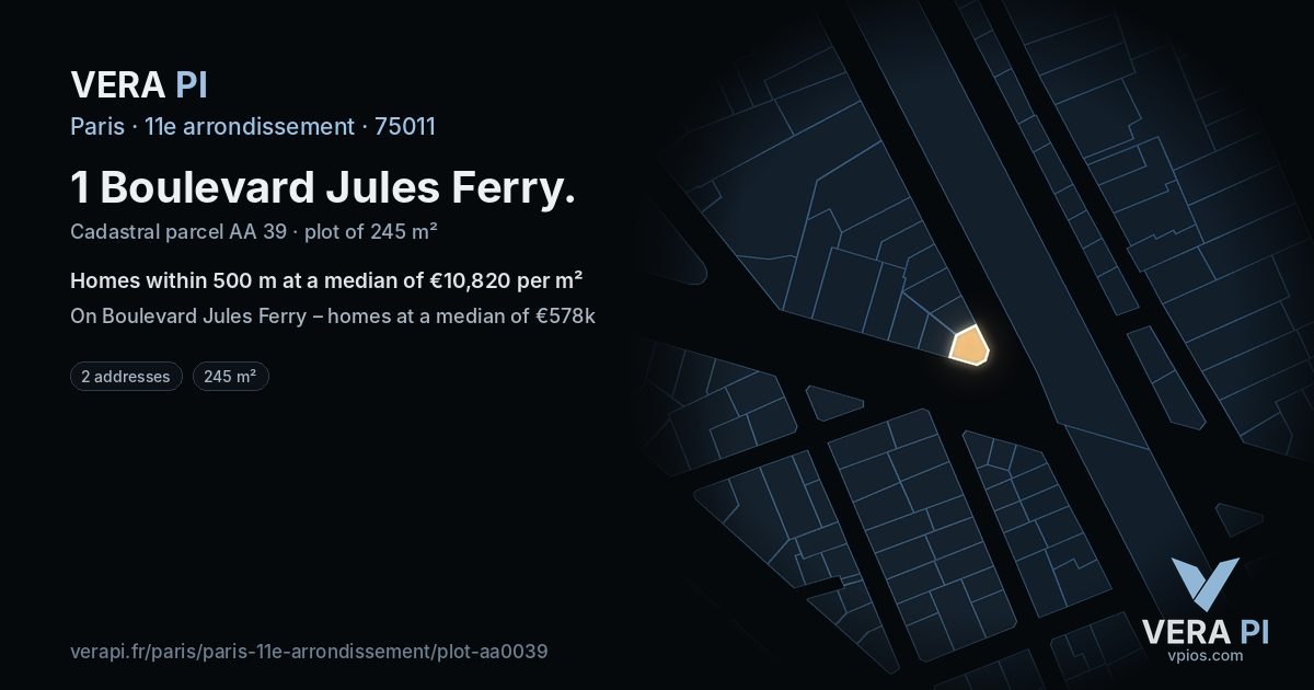 1 Boulevard Jules Ferry, 11e arrondissement at night – the plot lit, the parcels around coloured by the prices near them