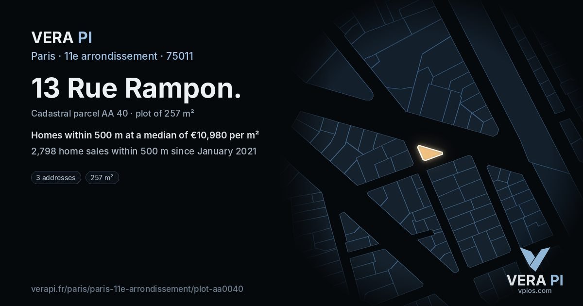 13 Rue Rampon, 11e arrondissement at night – the plot lit, the parcels around coloured by the prices near them