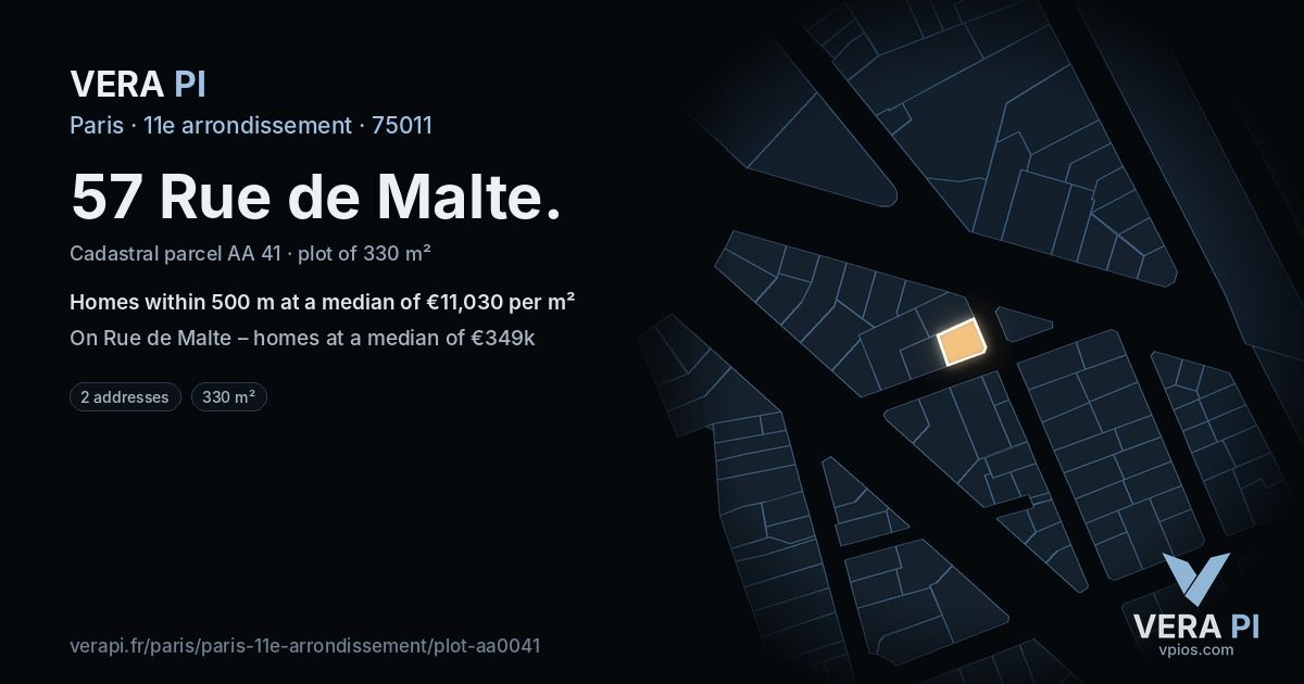57 Rue de Malte, 11e arrondissement at night – the plot lit, the parcels around coloured by the prices near them