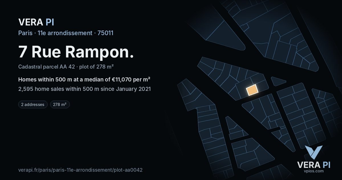 7 Rue Rampon, 11e arrondissement at night – the plot lit, the parcels around coloured by the prices near them