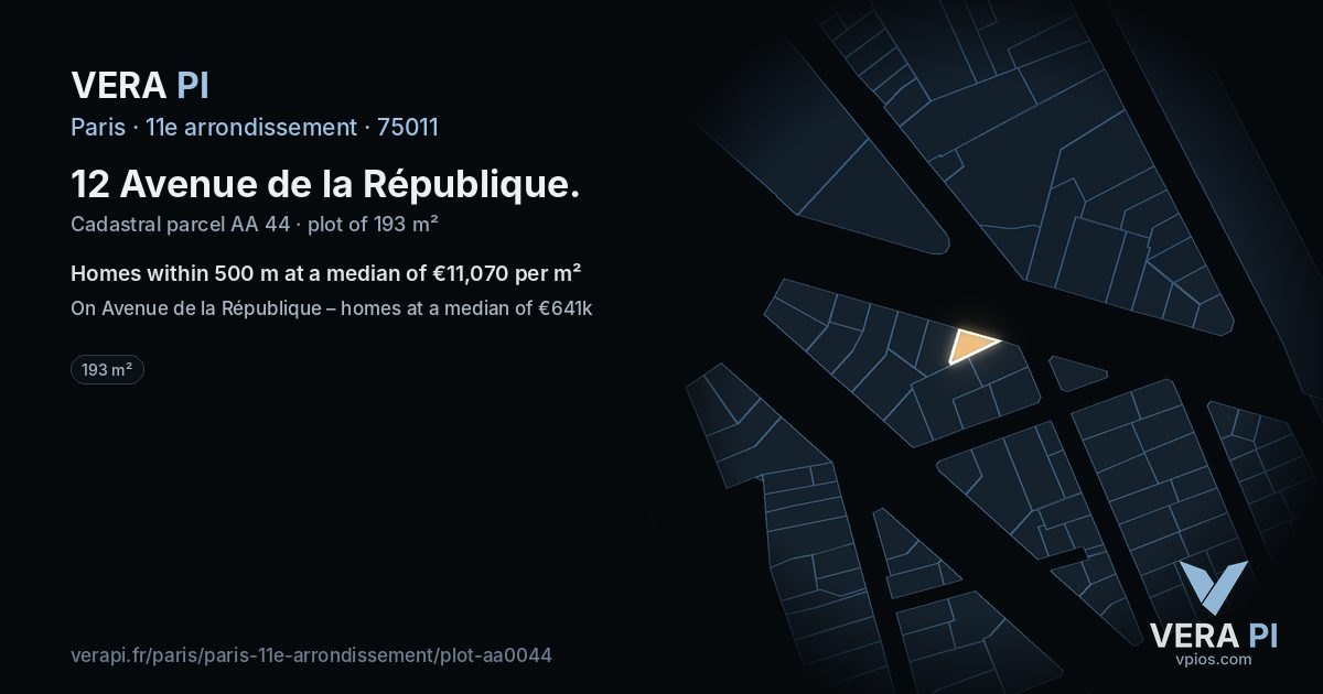 12 Avenue de la République, 11e arrondissement at night – the plot lit, the parcels around coloured by the prices near them
