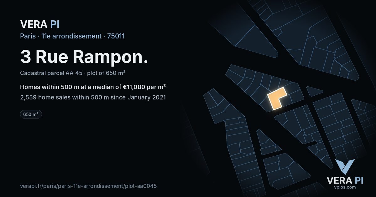 3 Rue Rampon, 11e arrondissement at night – the plot lit, the parcels around coloured by the prices near them