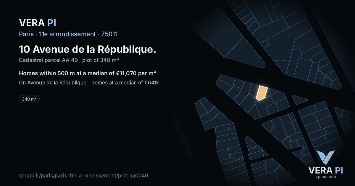 10 Avenue de la République, 11e arrondissement at night – the plot lit, the parcels around coloured by the prices near them