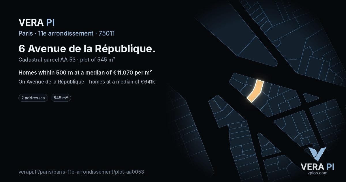 6 Avenue de la République, 11e arrondissement at night – the plot lit, the parcels around coloured by the prices near them