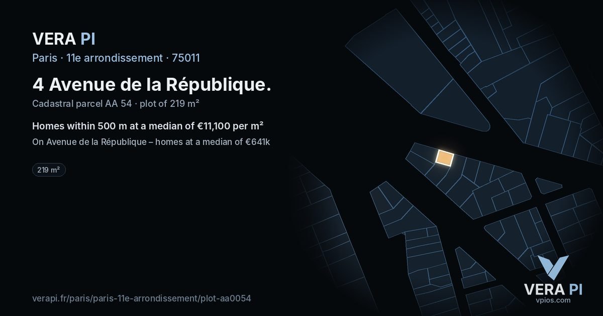 4 Avenue de la République, 11e arrondissement at night – the plot lit, the parcels around coloured by the prices near them