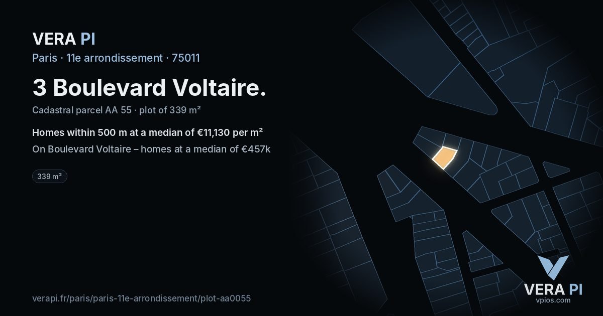 3 Boulevard Voltaire, 11e arrondissement at night – the plot lit, the parcels around coloured by the prices near them