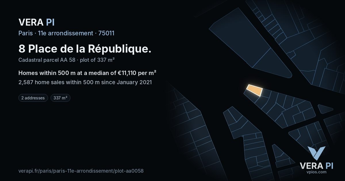 8 Place de la République, 11e arrondissement at night – the plot lit, the parcels around coloured by the prices near them