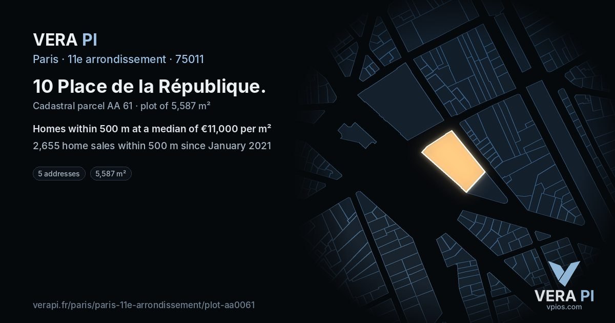 10 Place de la République, 11e arrondissement at night – the plot lit, the parcels around coloured by the prices near them
