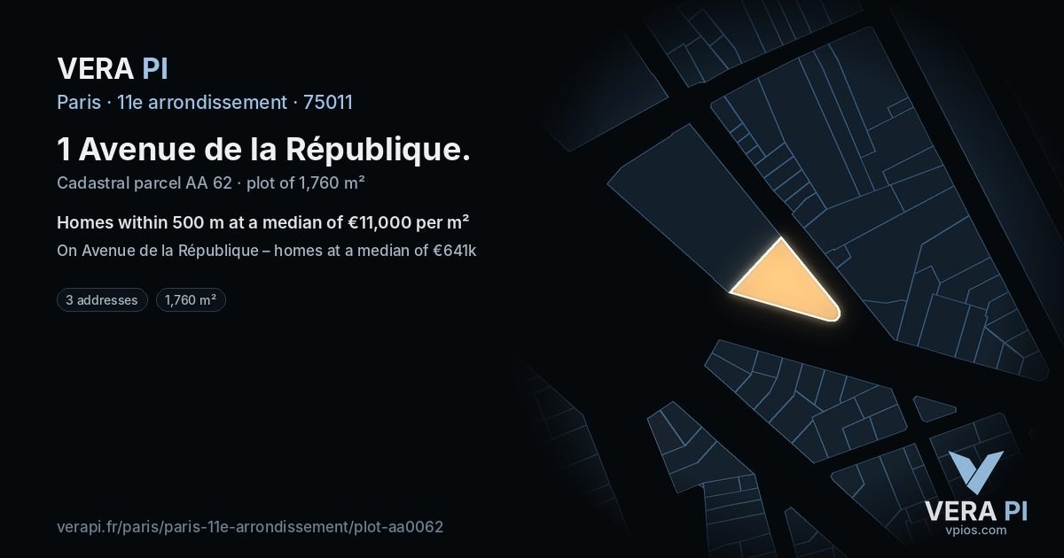 1 Avenue de la République, 11e arrondissement at night – the plot lit, the parcels around coloured by the prices near them