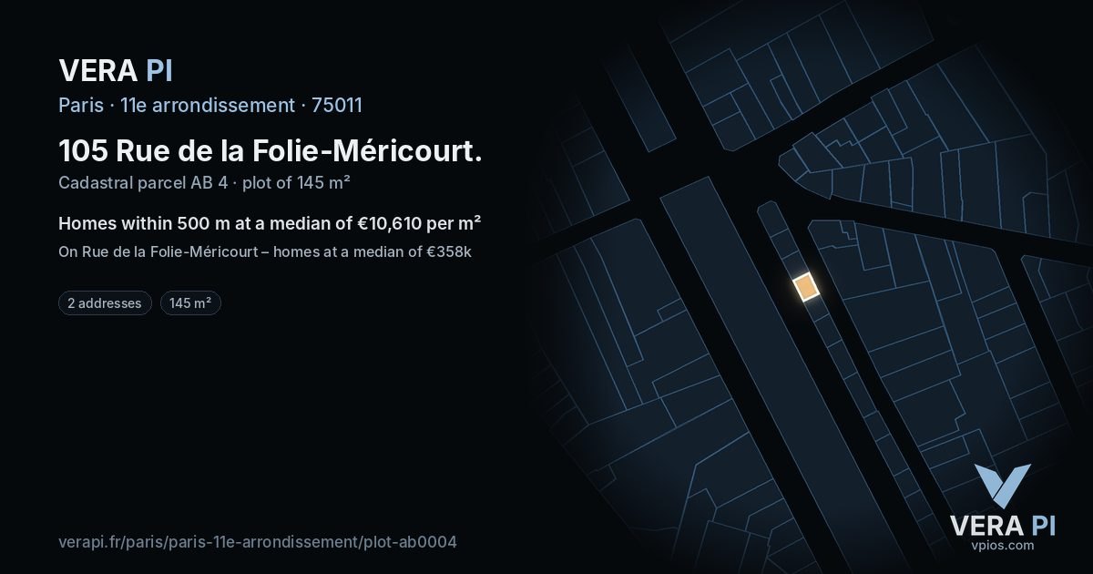 105 Rue de la Folie-Méricourt, 11e arrondissement at night – the plot lit, the parcels around coloured by the prices near them