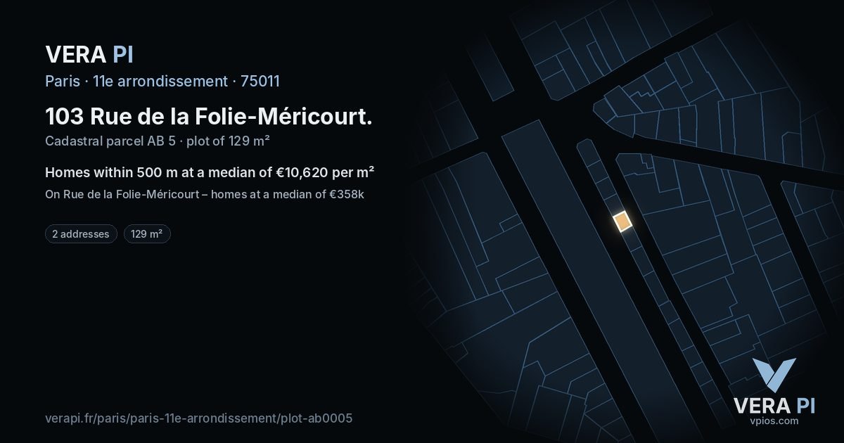 103 Rue de la Folie-Méricourt, 11e arrondissement at night – the plot lit, the parcels around coloured by the prices near them