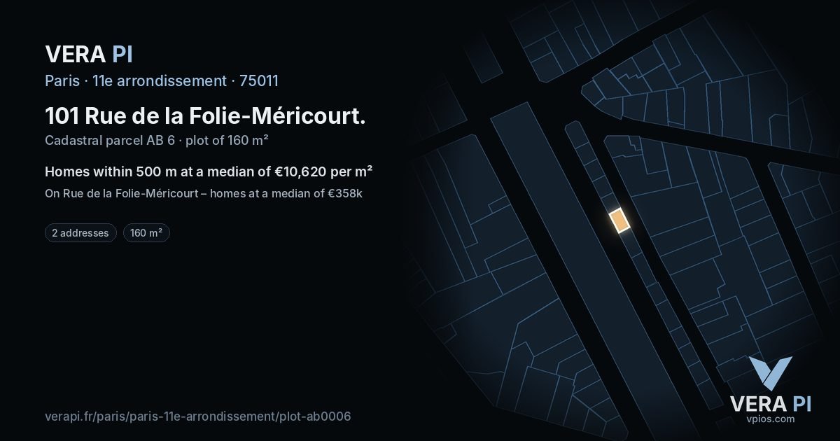 101 Rue de la Folie-Méricourt, 11e arrondissement at night – the plot lit, the parcels around coloured by the prices near them