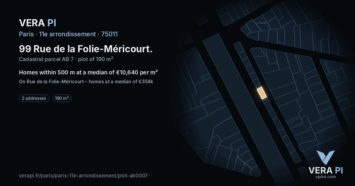 99 Rue de la Folie-Méricourt, 11e arrondissement at night – the plot lit, the parcels around coloured by the prices near them