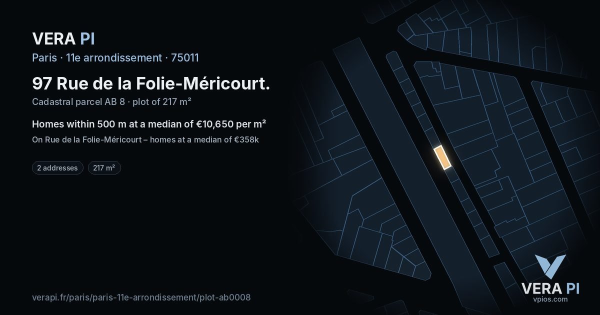 97 Rue de la Folie-Méricourt, 11e arrondissement at night – the plot lit, the parcels around coloured by the prices near them