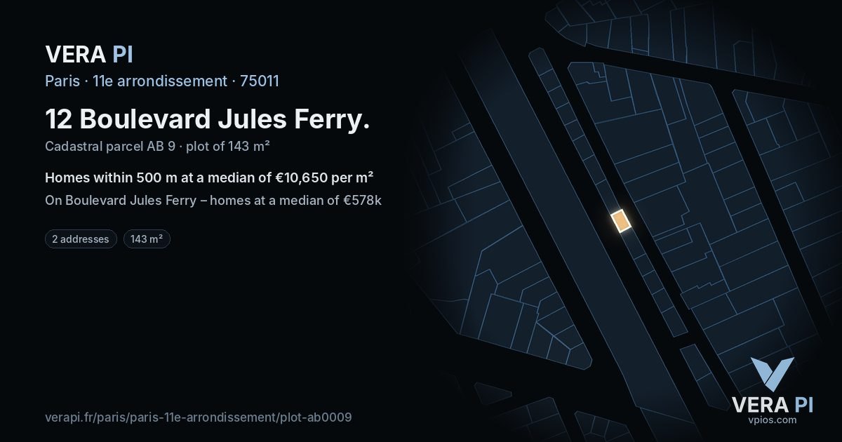 12 Boulevard Jules Ferry, 11e arrondissement at night – the plot lit, the parcels around coloured by the prices near them