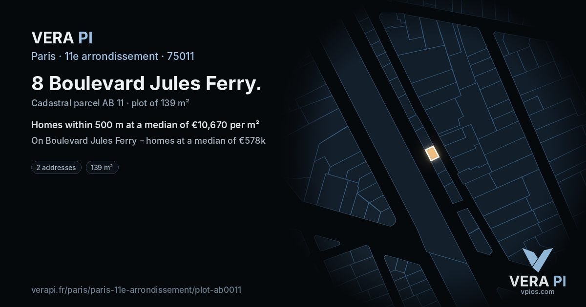 8 Boulevard Jules Ferry, 11e arrondissement at night – the plot lit, the parcels around coloured by the prices near them
