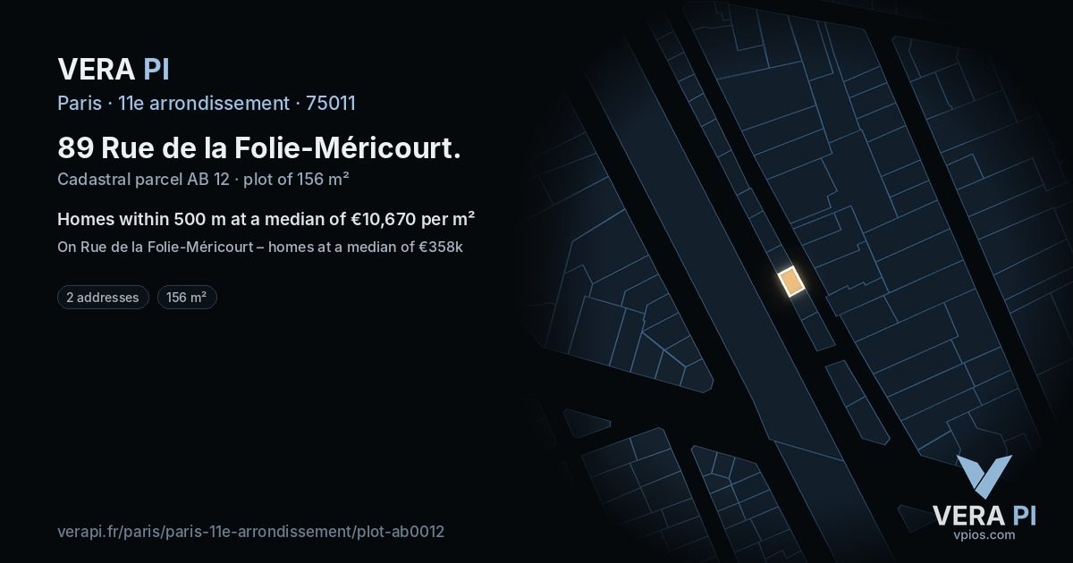89 Rue de la Folie-Méricourt, 11e arrondissement at night – the plot lit, the parcels around coloured by the prices near them