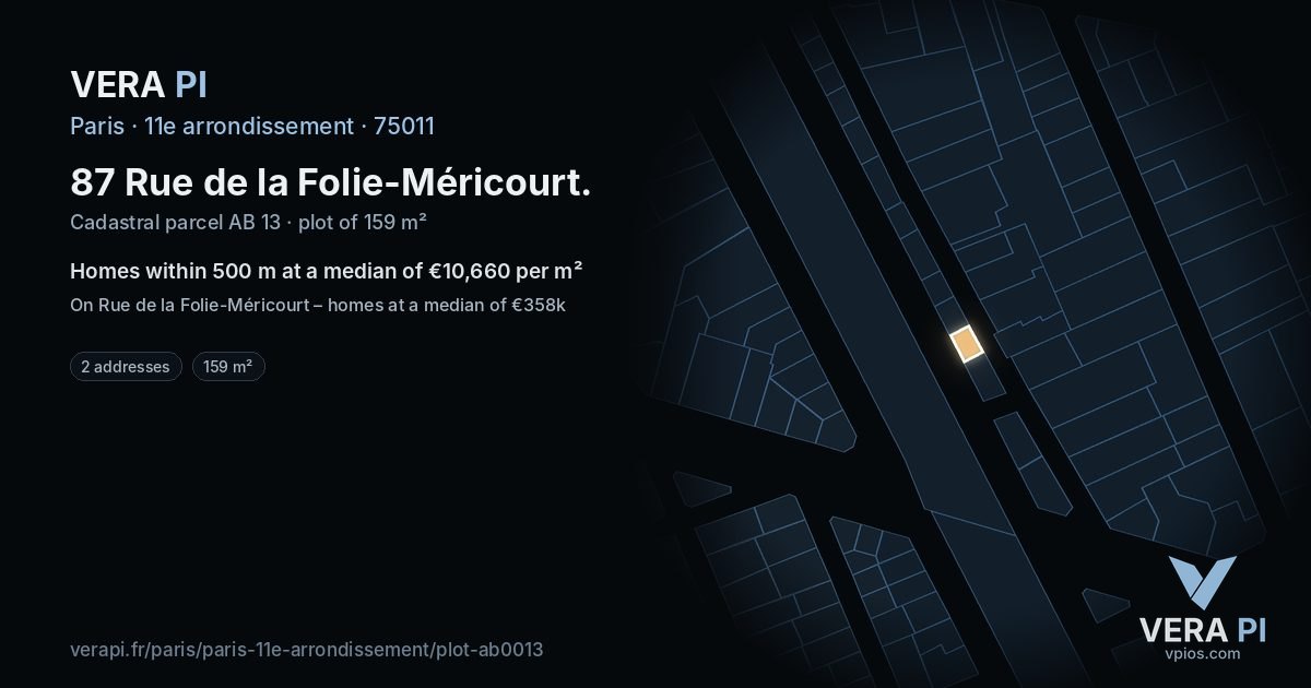 87 Rue de la Folie-Méricourt, 11e arrondissement at night – the plot lit, the parcels around coloured by the prices near them