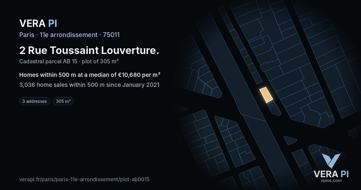 2 Rue Toussaint Louverture, 11e arrondissement at night – the plot lit, the parcels around coloured by the prices near them