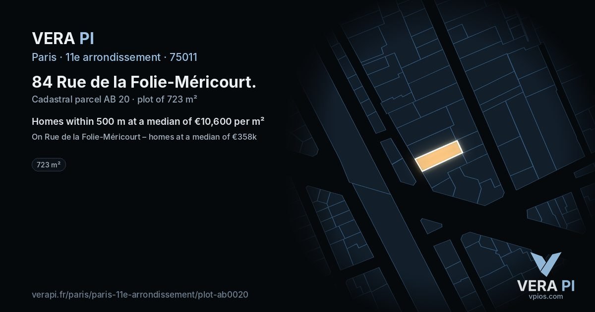 84 Rue de la Folie-Méricourt, 11e arrondissement at night – the plot lit, the parcels around coloured by the prices near them
