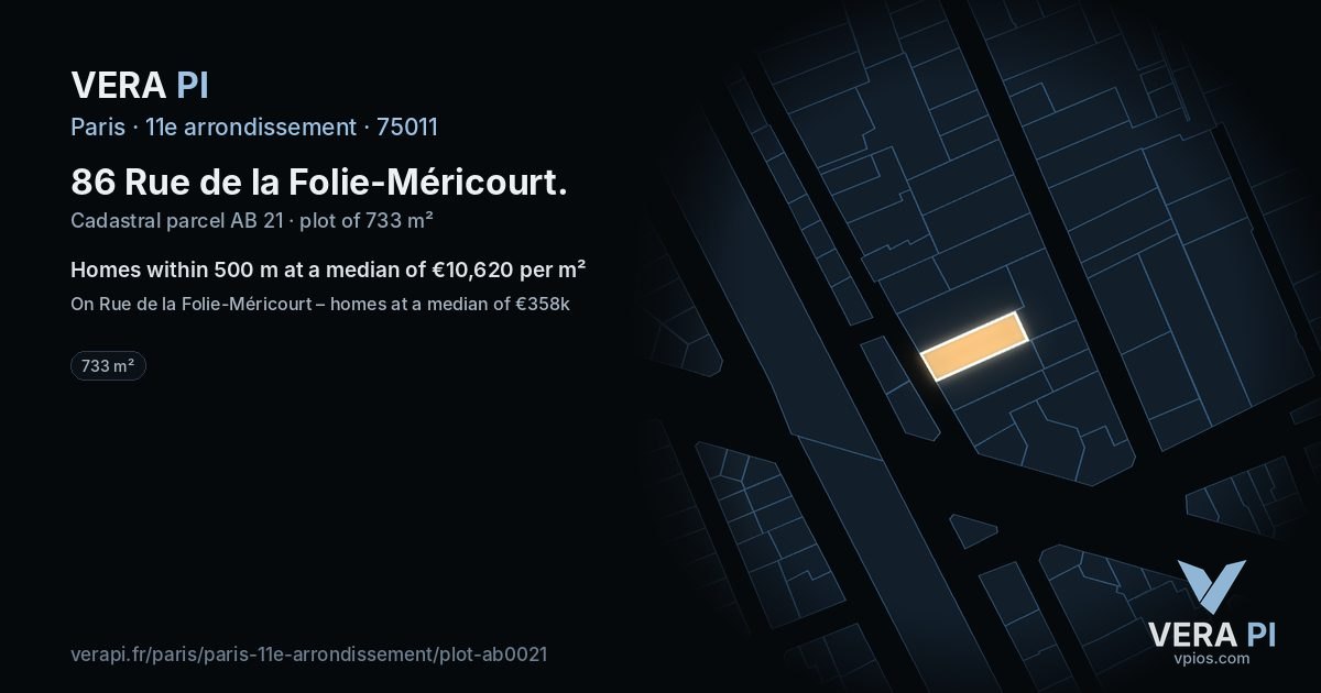 86 Rue de la Folie-Méricourt, 11e arrondissement at night – the plot lit, the parcels around coloured by the prices near them