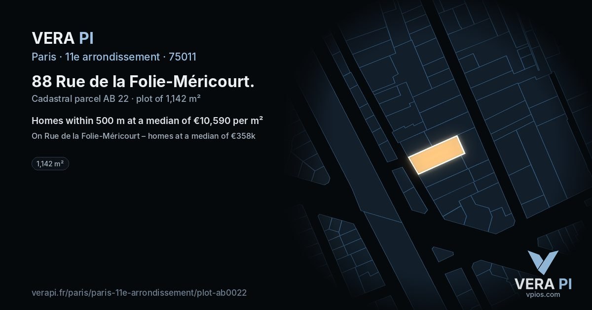 88 Rue de la Folie-Méricourt, 11e arrondissement at night – the plot lit, the parcels around coloured by the prices near them