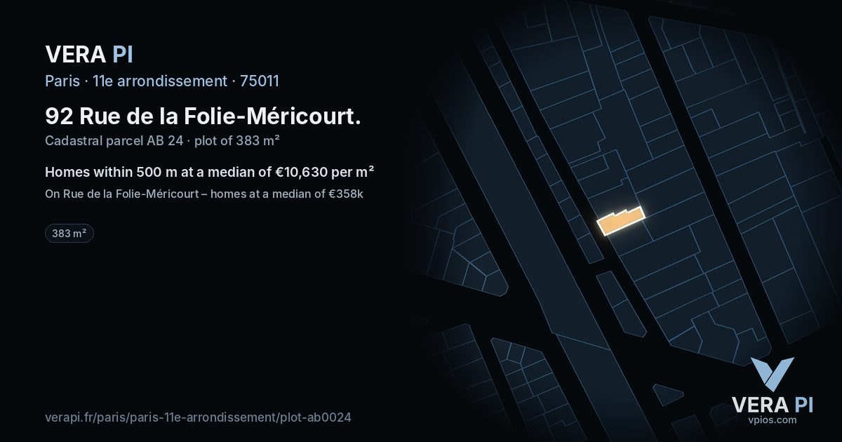 92 Rue de la Folie-Méricourt, 11e arrondissement at night – the plot lit, the parcels around coloured by the prices near them
