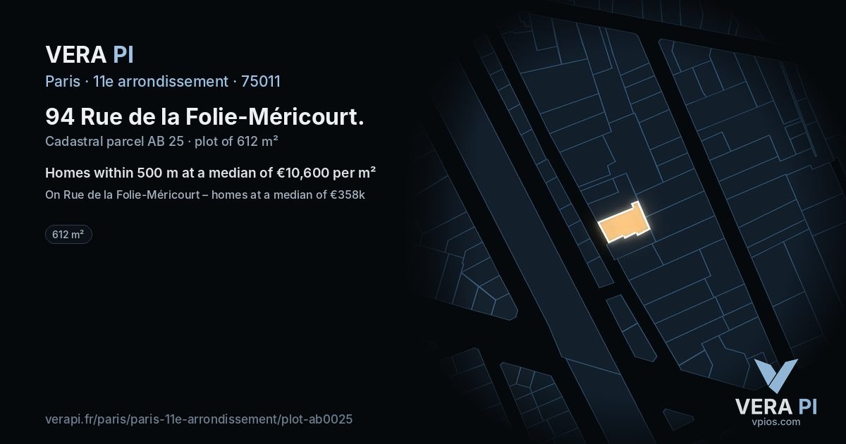 94 Rue de la Folie-Méricourt, 11e arrondissement at night – the plot lit, the parcels around coloured by the prices near them