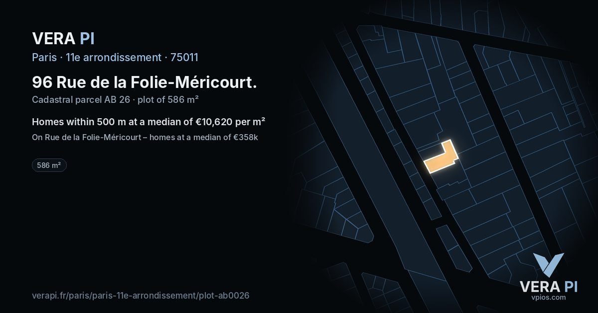 96 Rue de la Folie-Méricourt, 11e arrondissement at night – the plot lit, the parcels around coloured by the prices near them