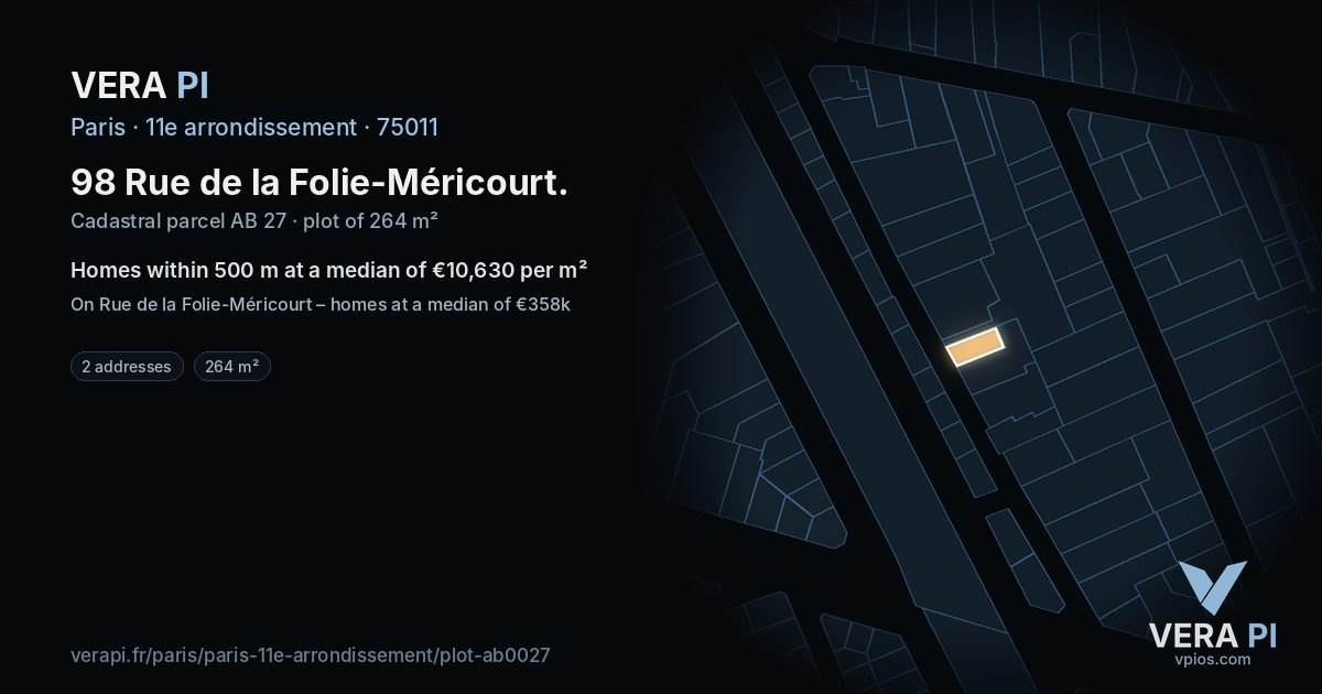 98 Rue de la Folie-Méricourt, 11e arrondissement at night – the plot lit, the parcels around coloured by the prices near them