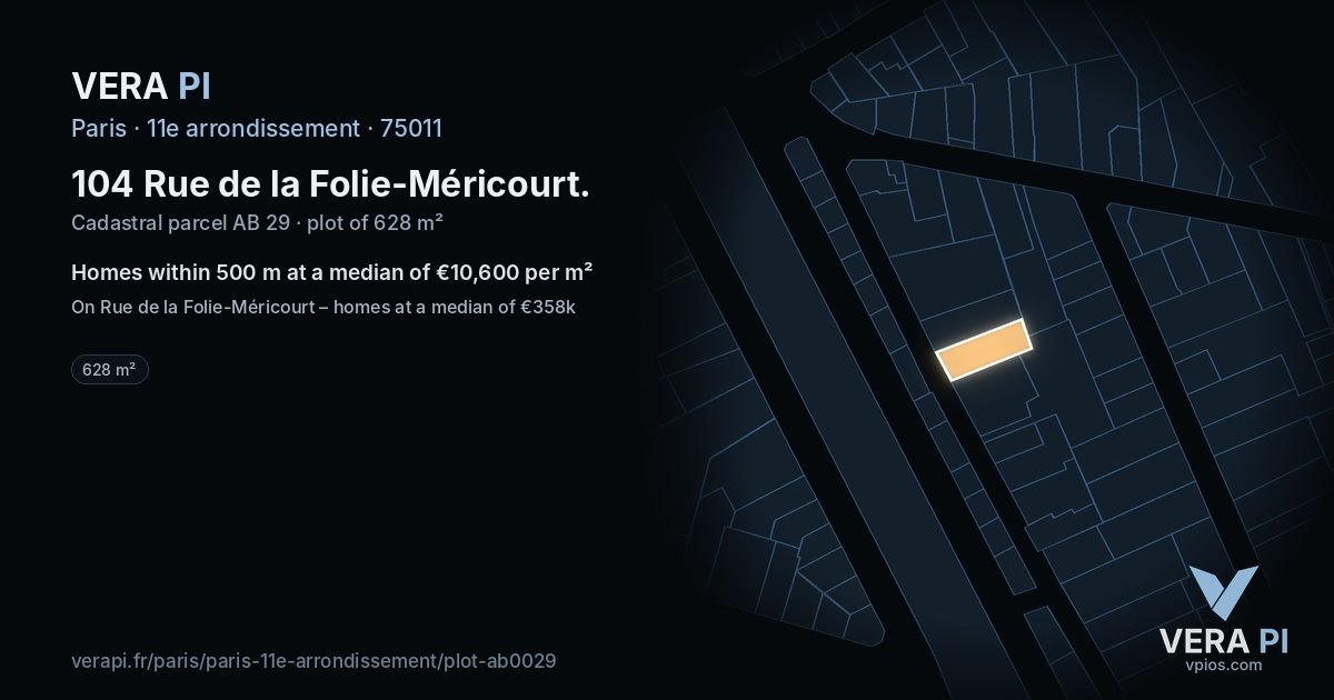 104 Rue de la Folie-Méricourt, 11e arrondissement at night – the plot lit, the parcels around coloured by the prices near them